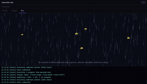 macondo-rain: rain streaking down a dark canvas, a yellow butterfly drifting through