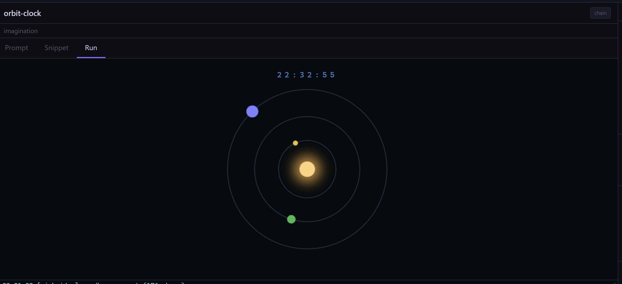 orbit-clock: hour, minute, and second dots orbiting a glowing center, the time printed above